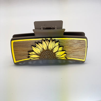 3D Single Half Sunflower Wood 4 inch Rectangle Hair Clip