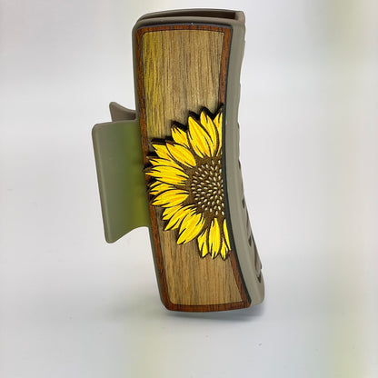 3D Single Half Sunflower Wood 4 inch Rectangle Hair Clip