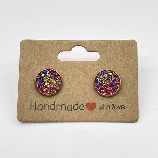 Red Druzy Stud Earrings