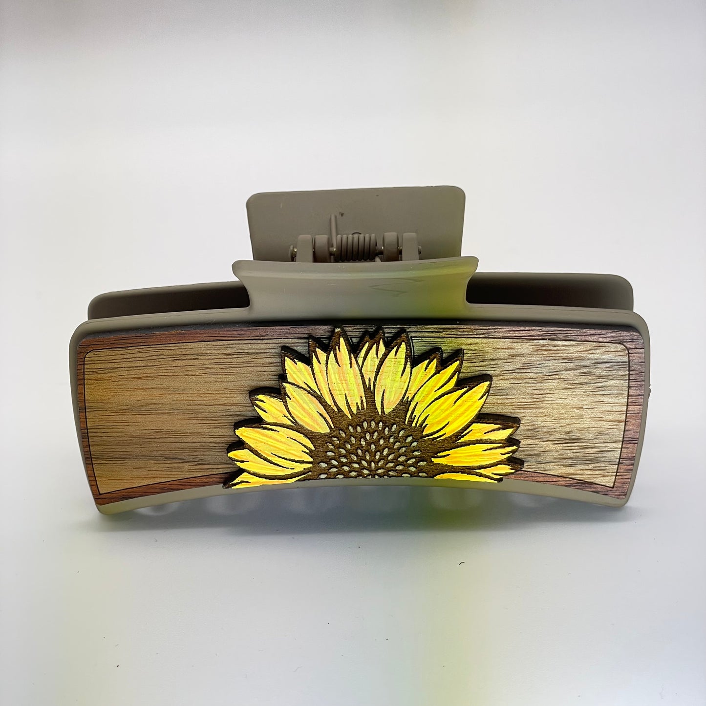 3D Single Half Sunflower Wood 4 inch Rectangle Hair Clip