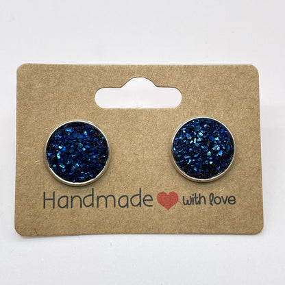 Dark Blue Druzy Stud Earrings