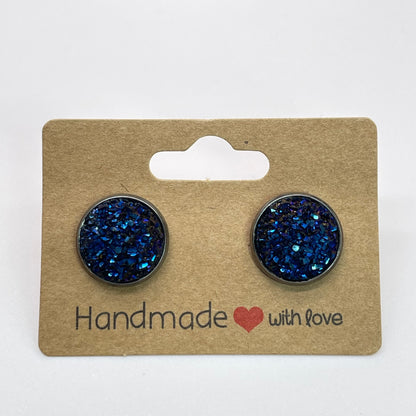 Dark Blue Druzy Stud Earrings