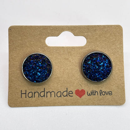 Dark Blue Druzy Stud Earrings