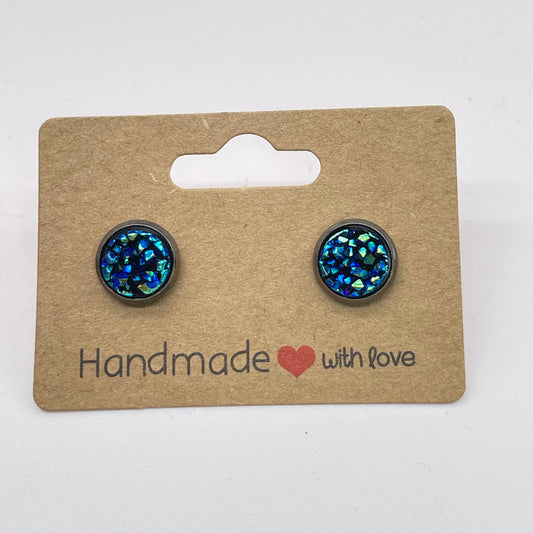 Dark Blue Green Druzy Stud Earrings