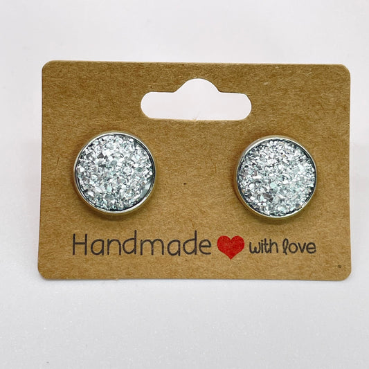 Bright Silver Druzy Stud Earrings