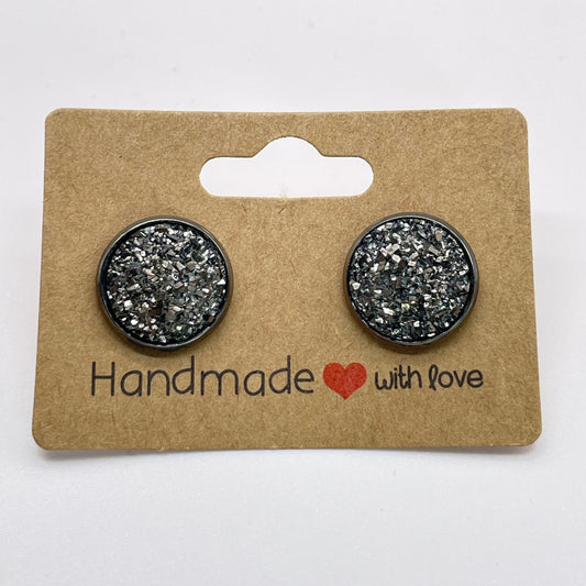 Dark Silver Druzy Stud Earrings