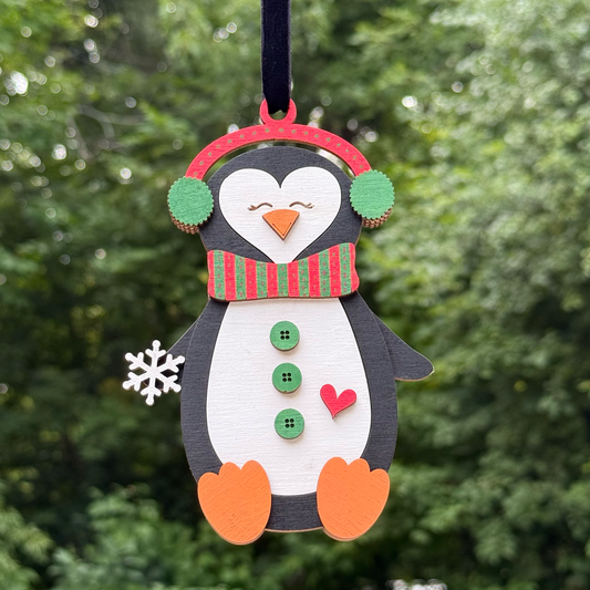Penguin with Earmuffs Layered Wood Ornament