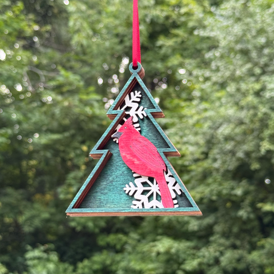 Cardinal in Tree Shaped Layered Wood Ornament