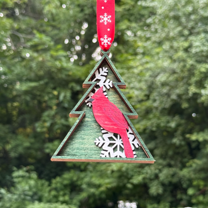 Cardinal in Tree Shaped Layered Wood Ornament