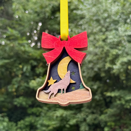 Bell Shaped Wolf Layered Wood Ornament