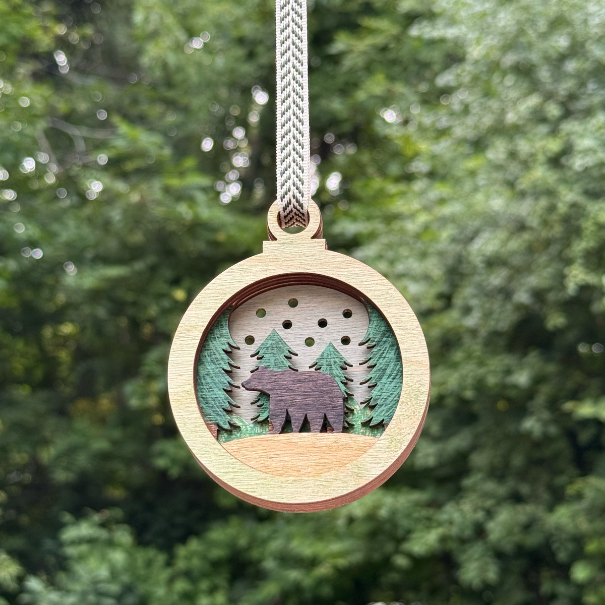 Bear Among Pines Layered Wood Ornament