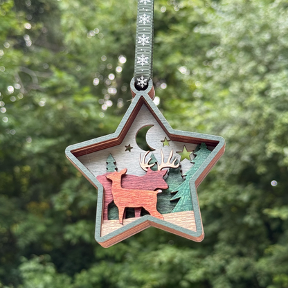 Pair of Deer Star Shaped Layered Wood Ornament