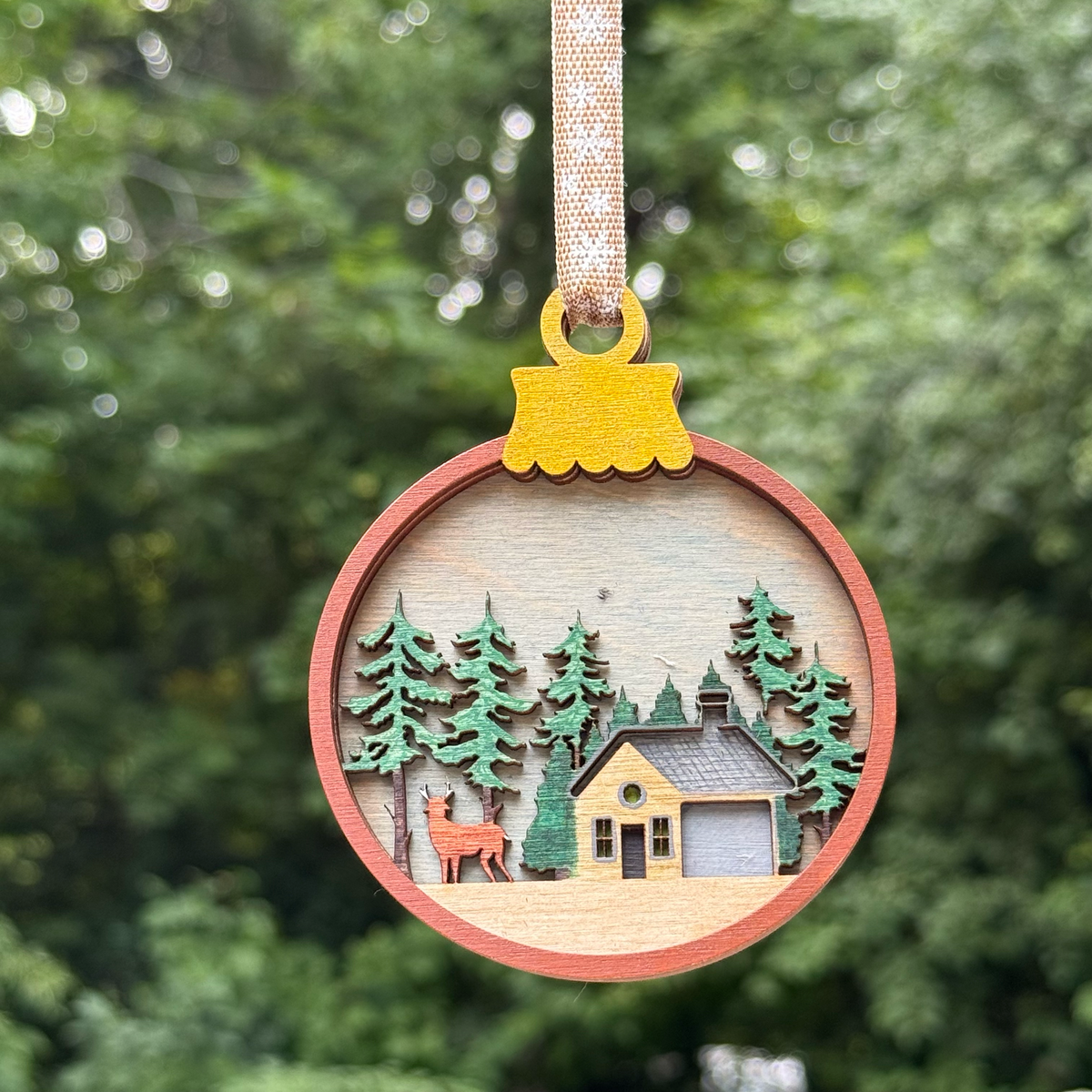 Cabin & Deer in Tall Pines Layered Wood Ornament