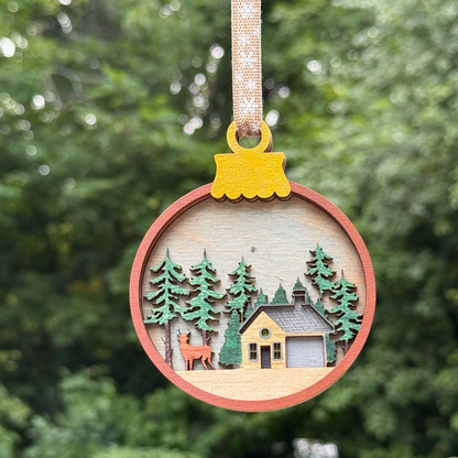 Cabin & Deer in Tall Pines Layered Wood Ornament