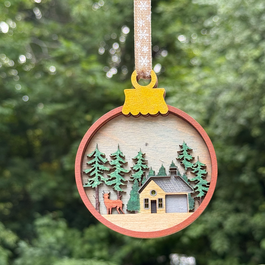 Cabin & Deer in Tall Pines Layered Wood Ornament
