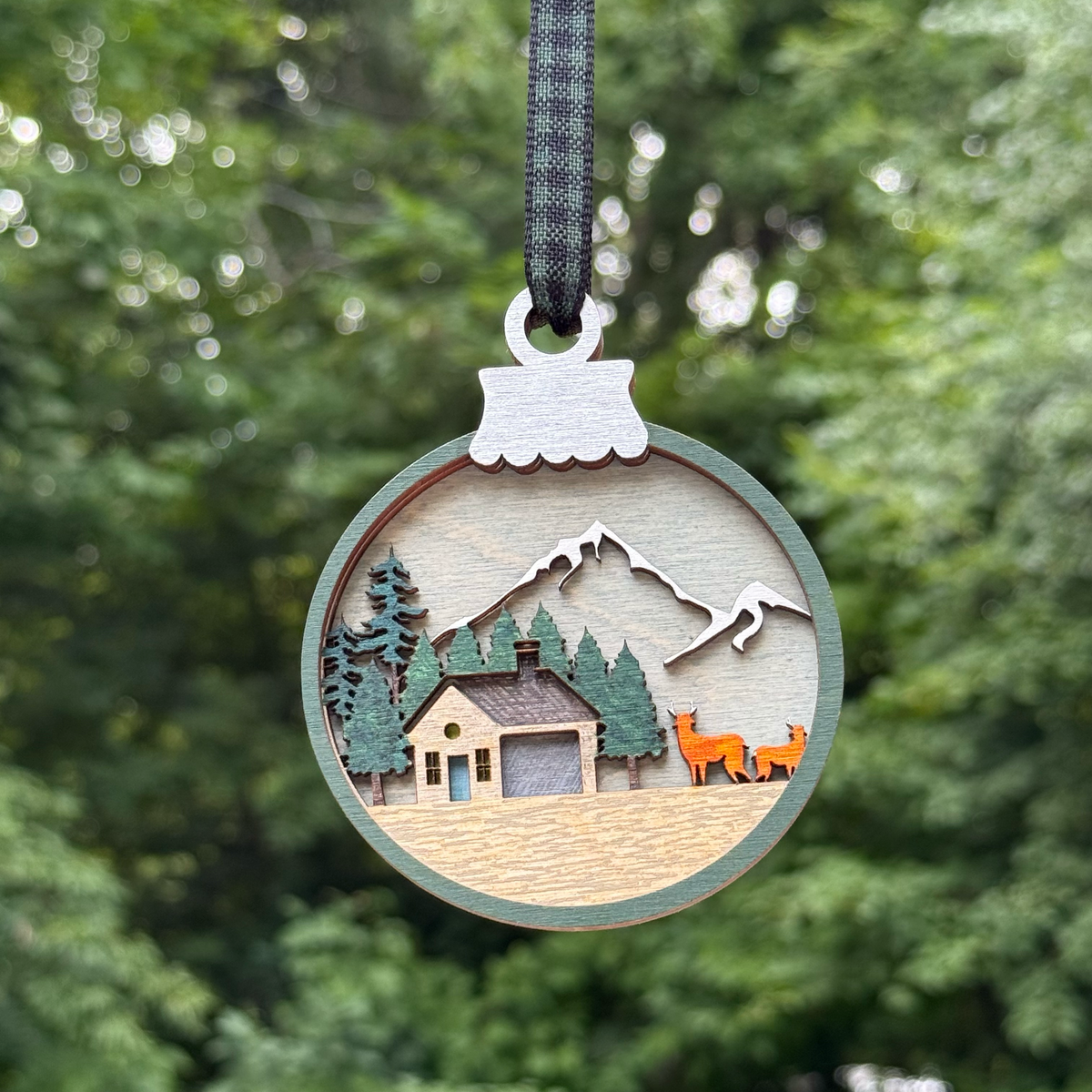 Cabin in the Mountains Layered Wood Ornament