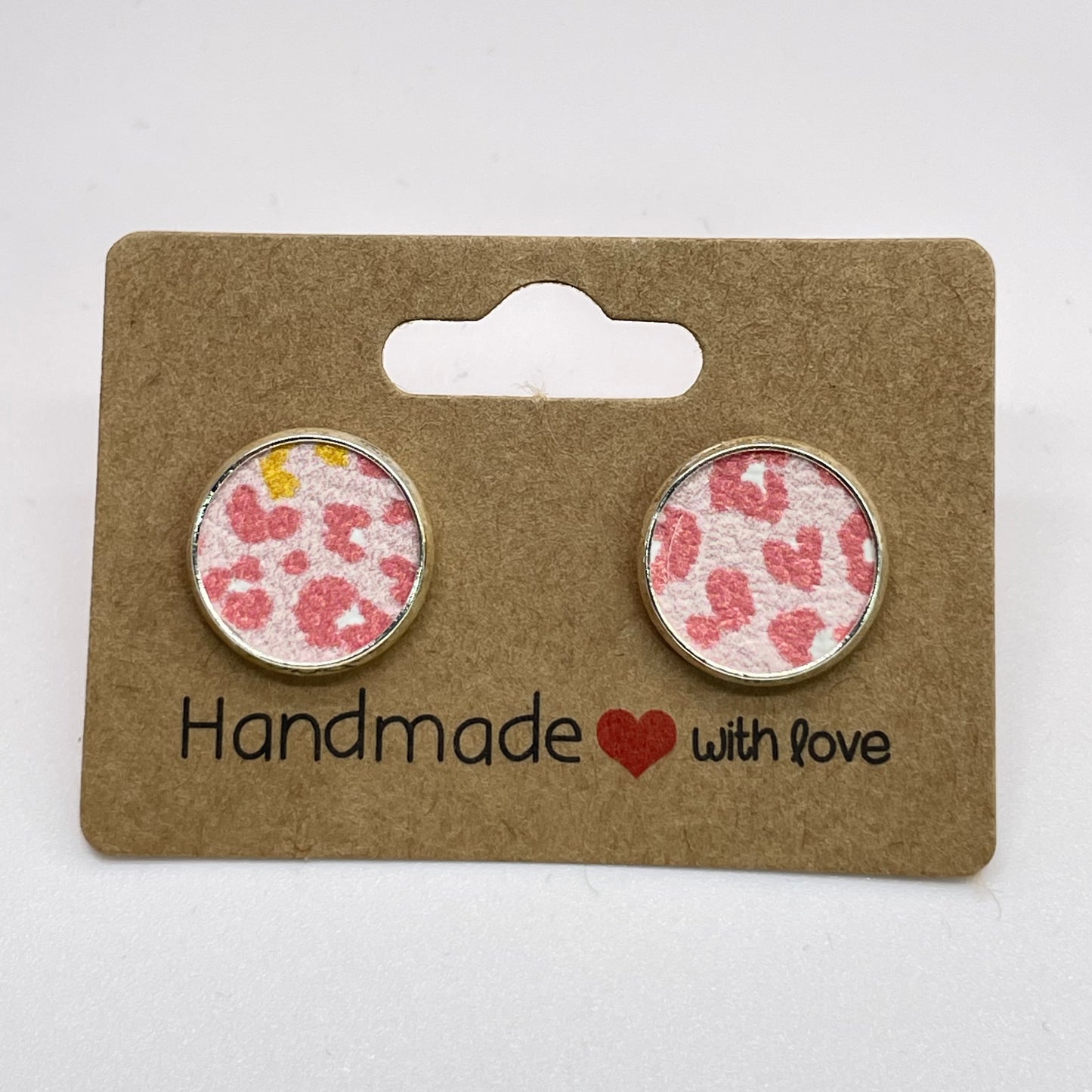 Pink Cheetah Leather Circle Stud Earrings