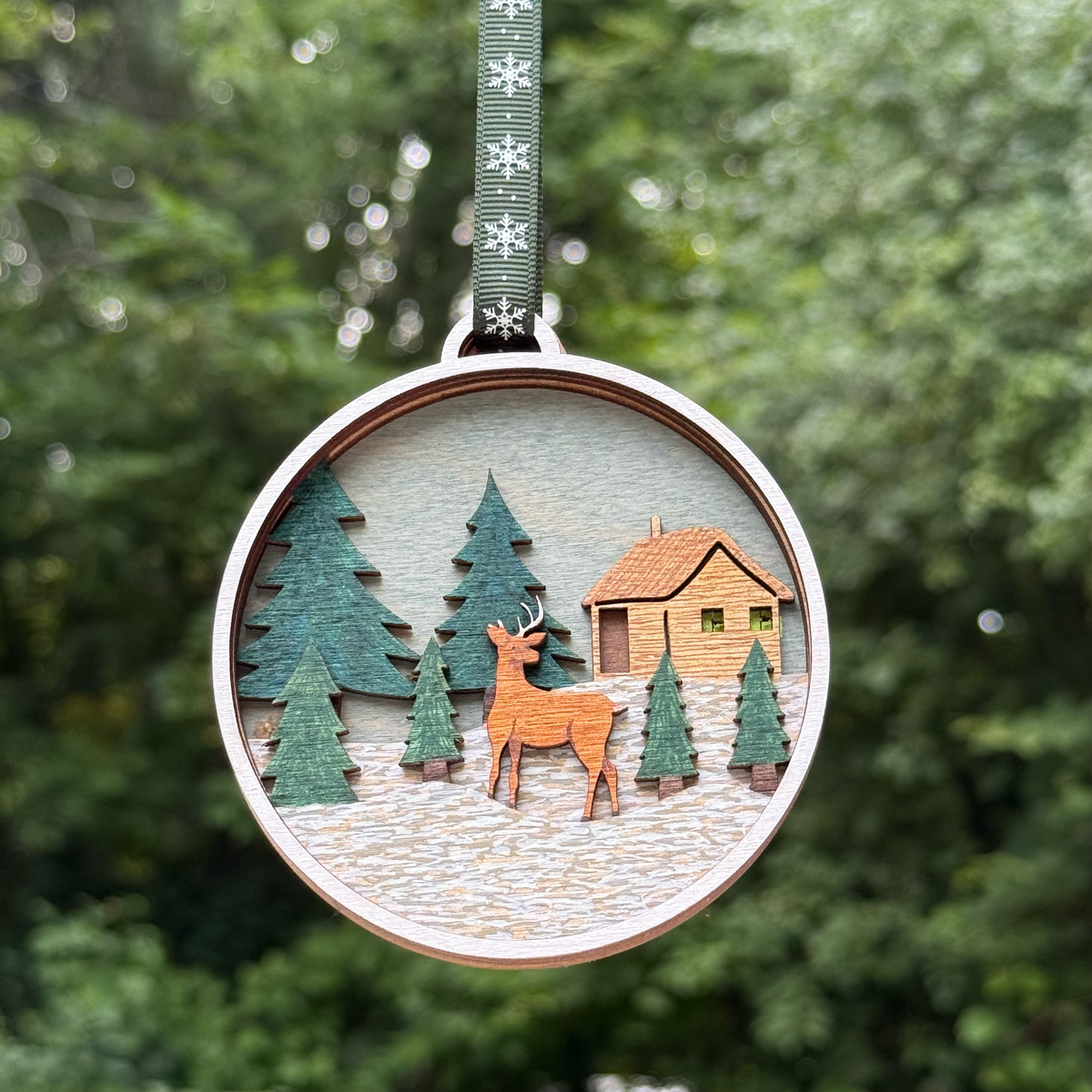 Cabin & Deer in Pines Layered Wood Ornament
