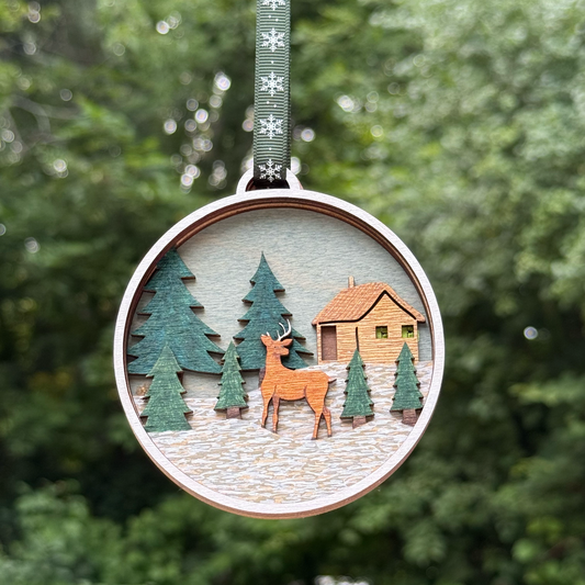 Cabin & Deer in Pines Layered Wood Ornament
