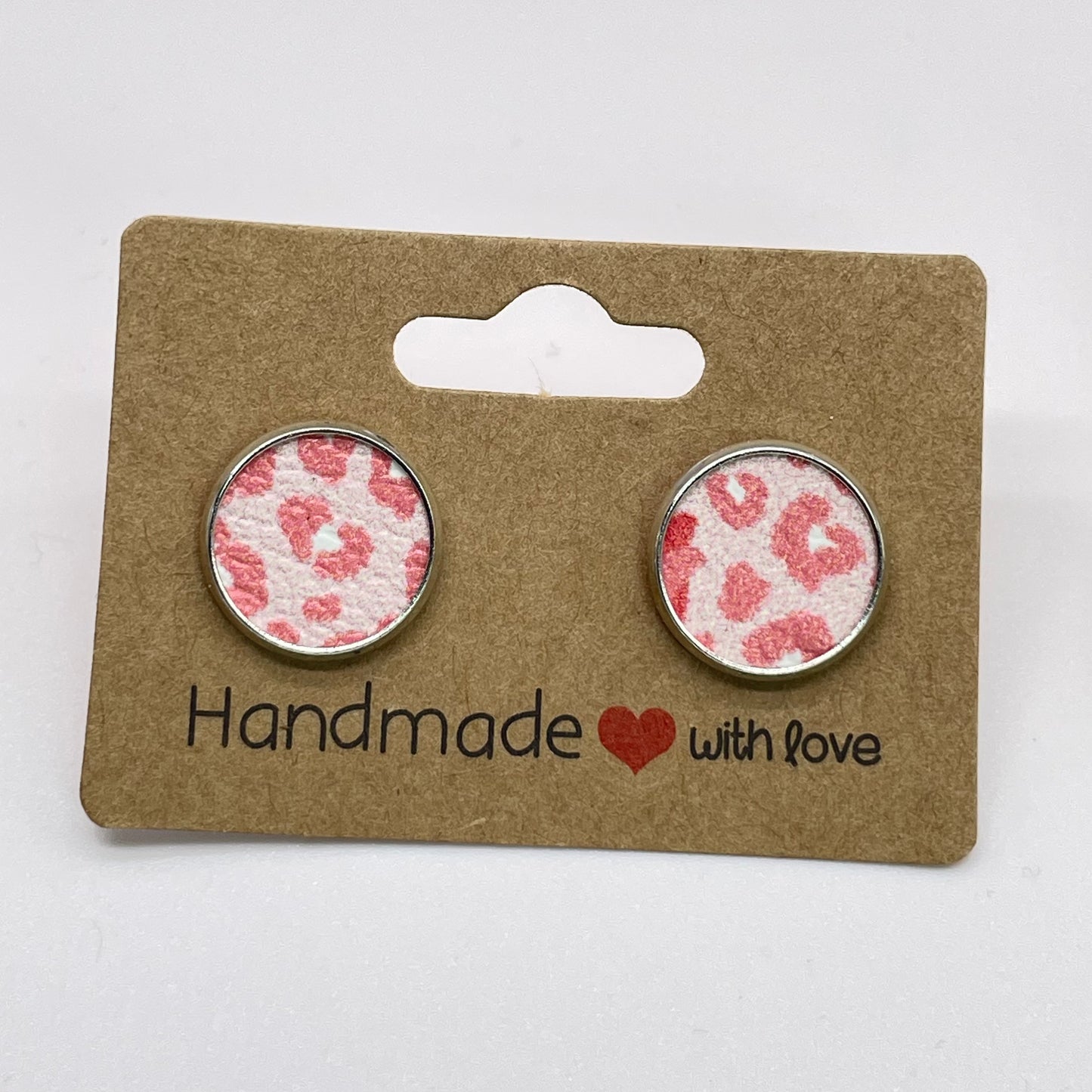 Pink Cheetah Leather Circle Stud Earrings