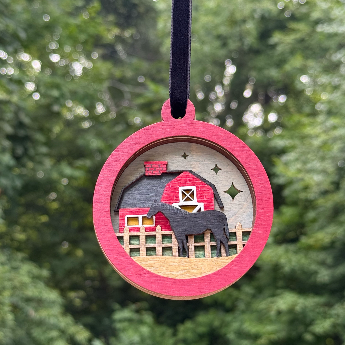 Horse and Barn Layered Wood Ornament