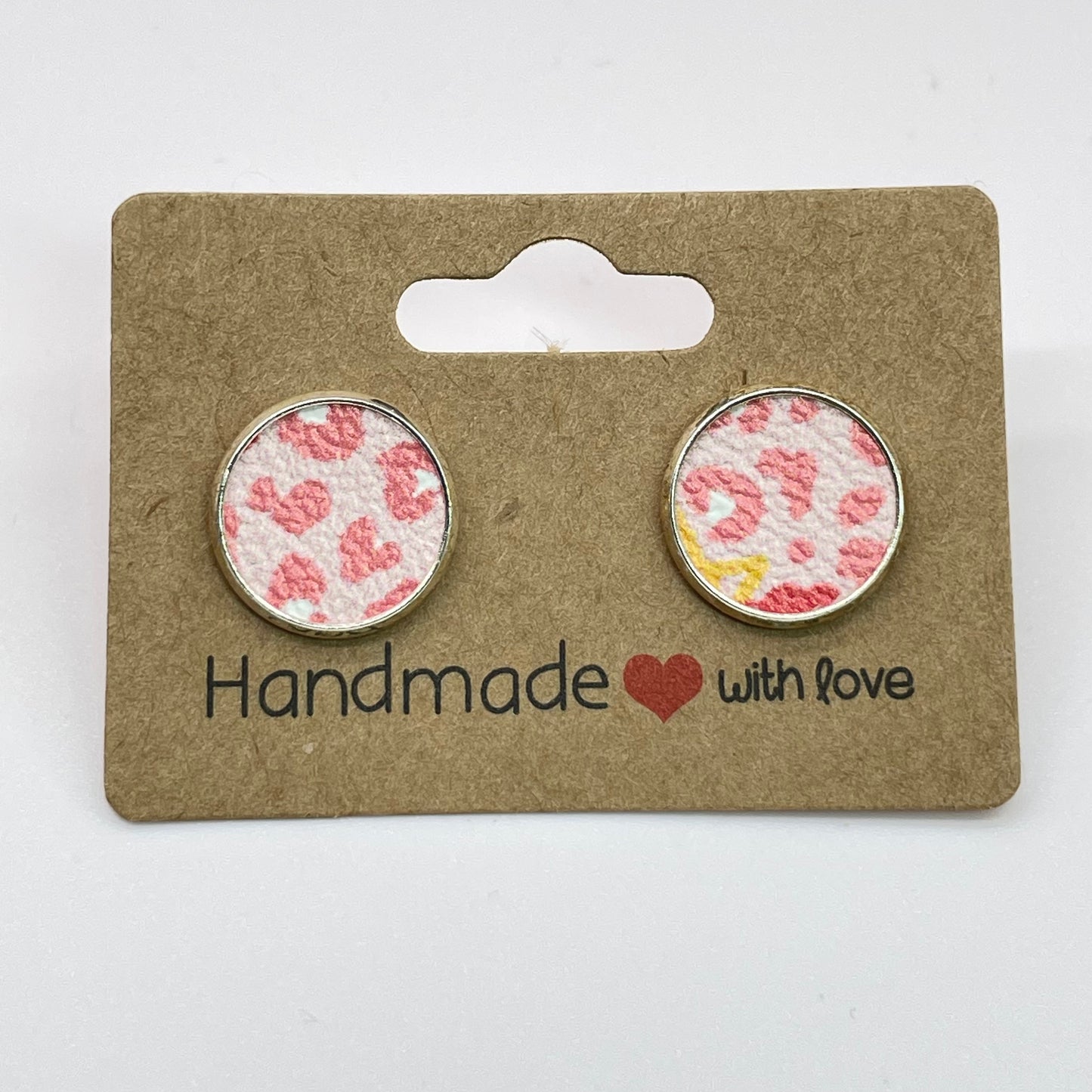 Pink Cheetah Leather Circle Stud Earrings