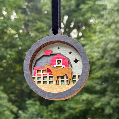 Horse and Barn Layered Wood Ornament