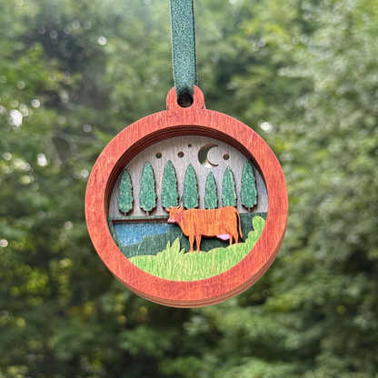 Cow Among Trees Layered Wood Ornament