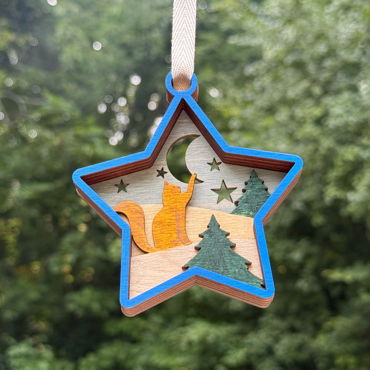 Cat & Moon Star Shaped Layered Wood Ornament