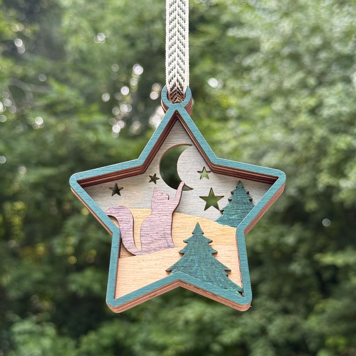 Cat & Moon Star Shaped Layered Wood Ornament