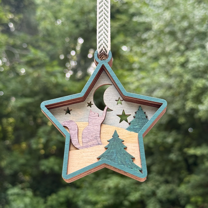 Cat & Moon Star Shaped Layered Wood Ornament
