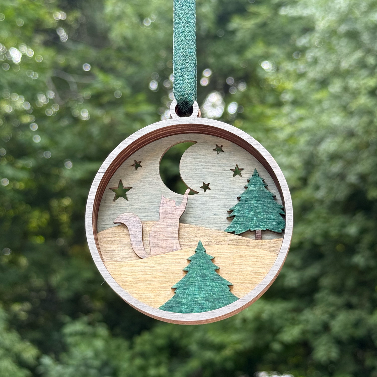 Cat & Moon Layered Wood Ornament