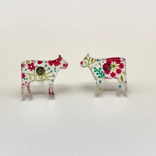 Clear Acrylic Floral Cow Stud Earrings