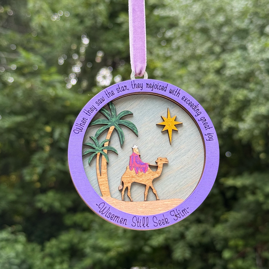 Round Wiseman with Camel Layered Wood Ornament