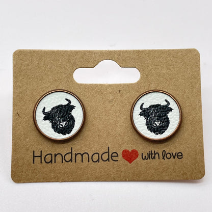 Highland Cow Circle Stud Earrings