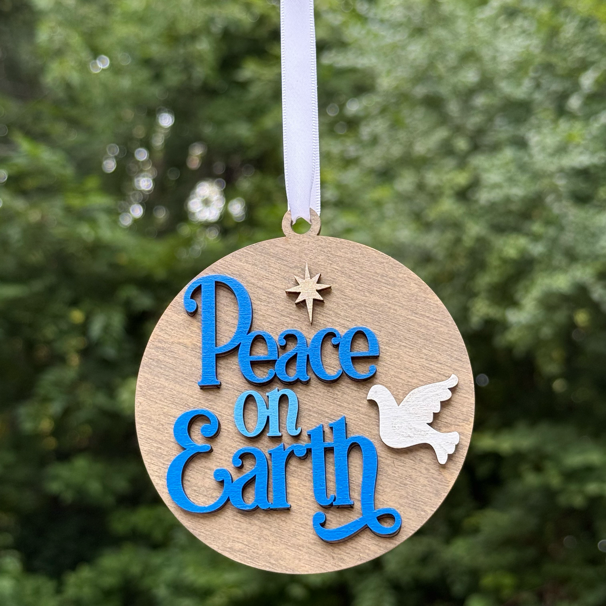 Round Peace on Earth with Dove Layered Wood Ornament