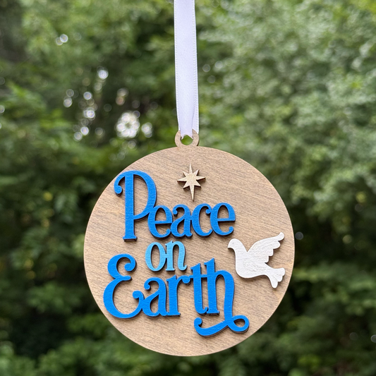 Round Peace on Earth with Dove Layered Wood Ornament