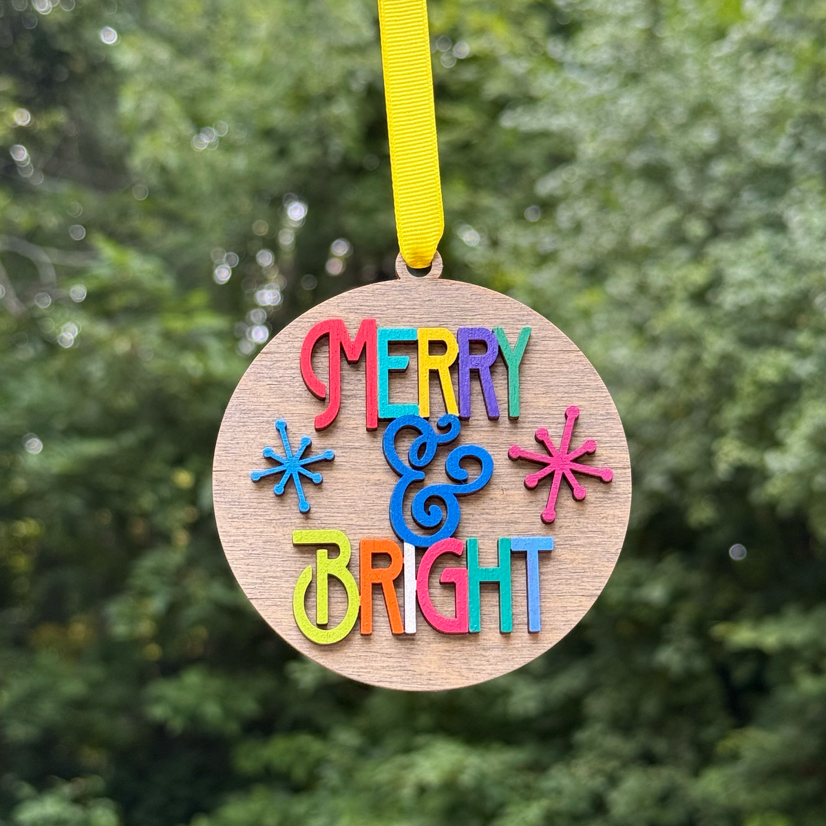 Round "Merry & Bright" Layered Wood Ornament