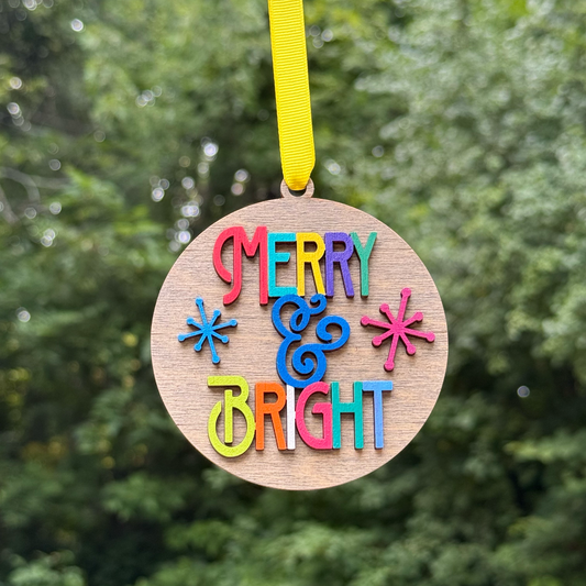 Round "Merry & Bright" Layered Wood Ornament