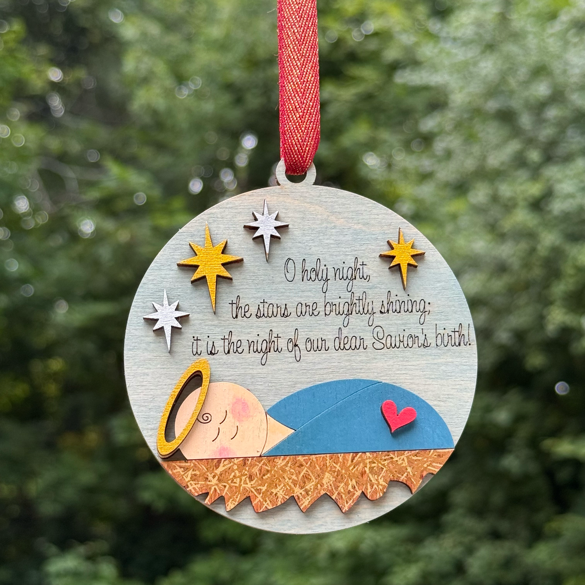 Round Baby in a Manger Layered Wood Ornament