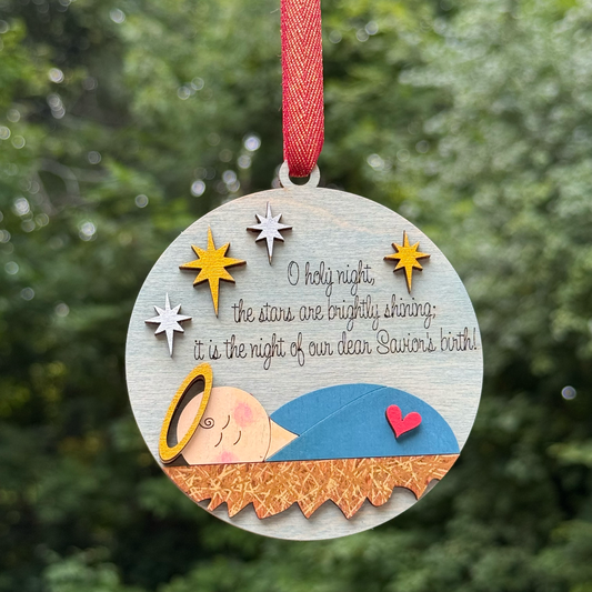 Round Baby in a Manger Layered Wood Ornament