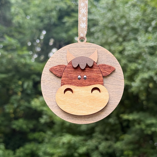 Round Cow Layered Wood Ornament