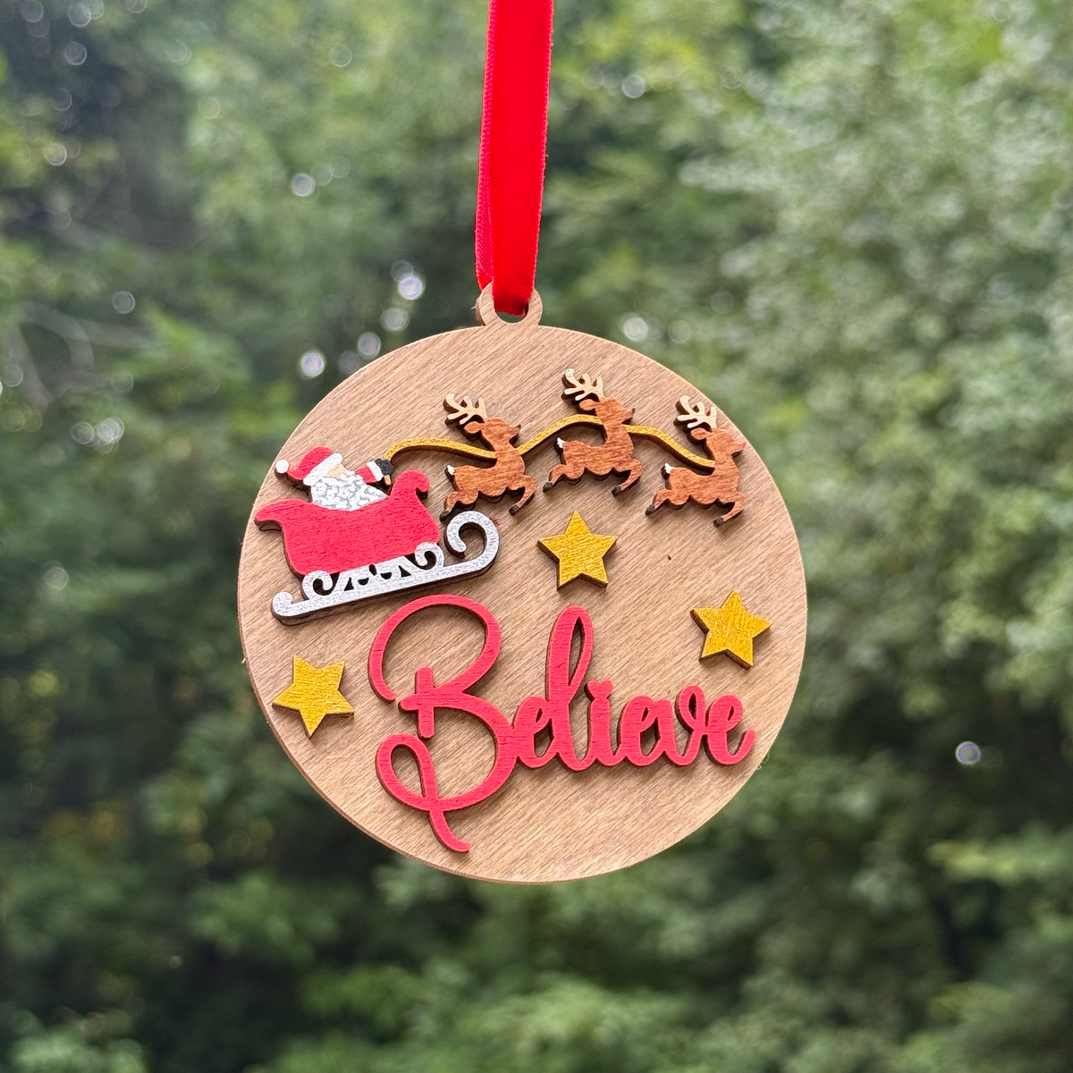 Round Sleigh & Reindeer "Believe" Layered Wood Ornament
