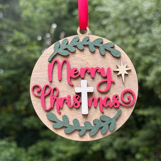 Round Merry Christmas with Cross Layered Wood Ornament