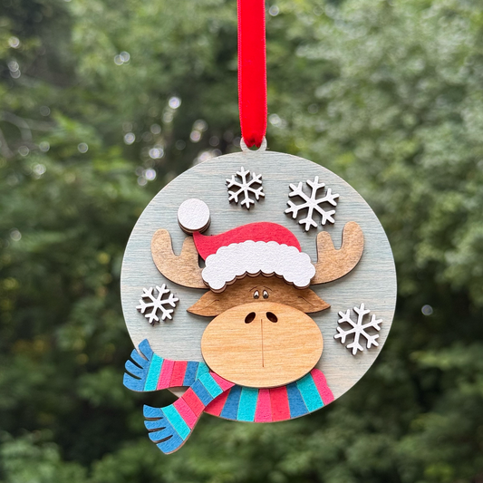 Round Reindeer in Scarf Layered Wood Ornament