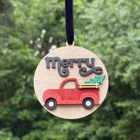 Round "merry" Truck Layered Wood Ornament