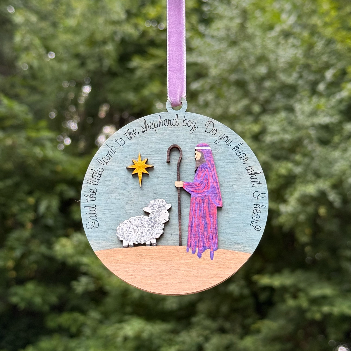 Round Shepard with Sheep Layered Wood Ornament