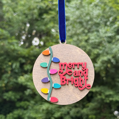 Round "Merry & Bright" Lights Layered Wood Ornament
