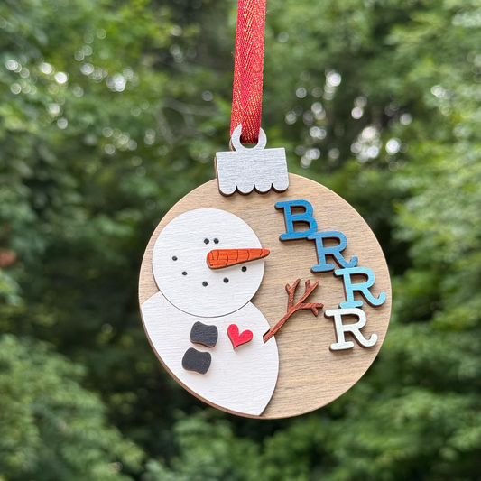 Round "Brrr" Snowman Layered Wood Ornament