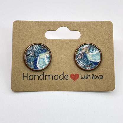 Dark Blue Landscape Circle Stud Earrings